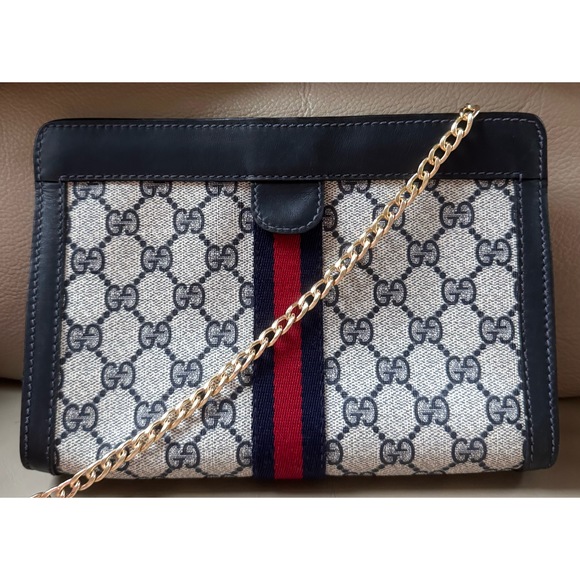 Authentic Vintage Gucci Web Monogram Canvas Black Leather Velcro Clutch - Picture 1 of 11